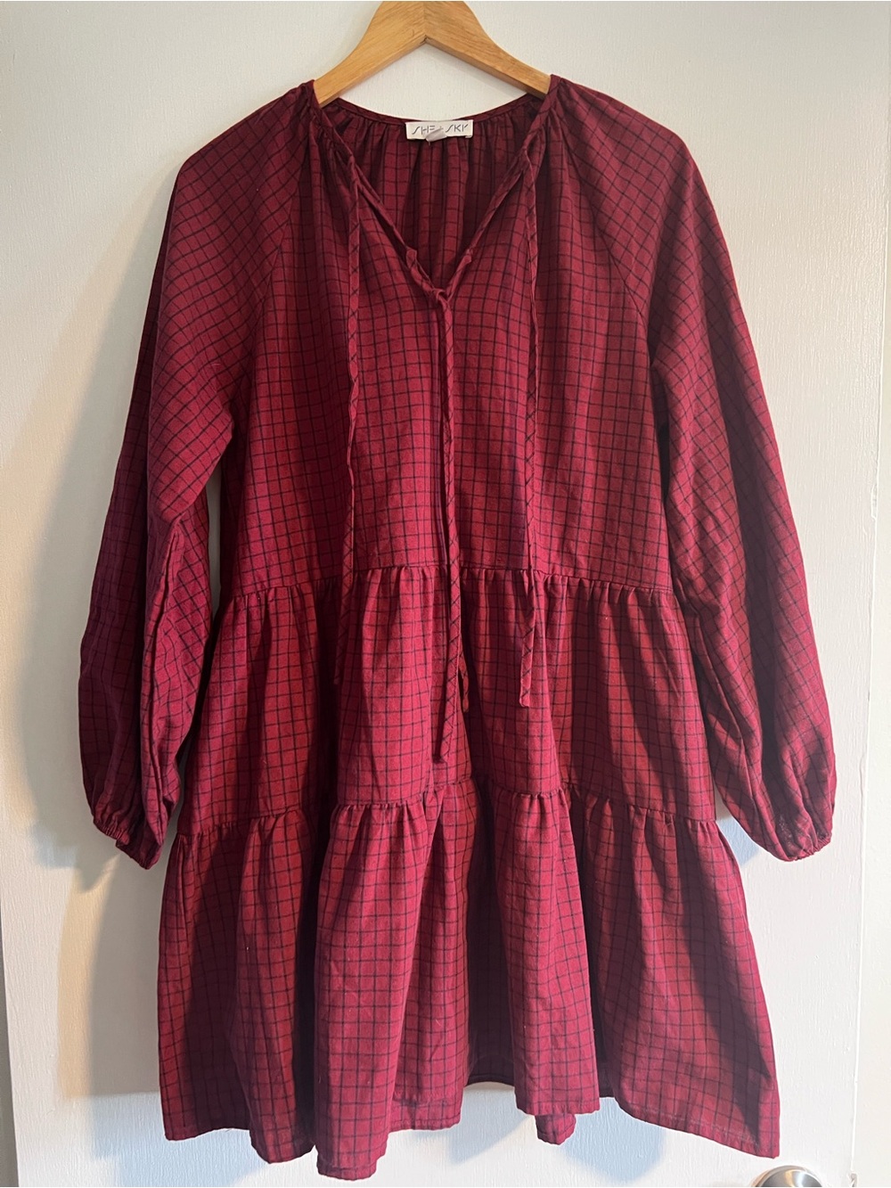 She + Sky Burgundy Plaid Tiered Long-Sleeve Dress